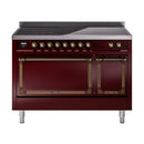 Burgundy induction range with open oven doors and bronze trim, front view
