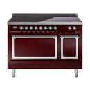 Burgundy induction range with dual ovens, chrome handles, and black cooktop controls