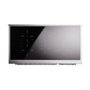 Burgundy induction range control panel with black glass display and silver trim