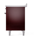 Burgundy oven front with side control knobs and chrome-trim leveling legs