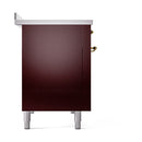 Burgundy solid oven door with gold knobs and side trim on a freestanding base