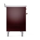 Burgundy solid door oven base with copper handle accents and four leveling feet