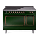 Emerald green induction range with bronze-trim knobs and double oven door handles