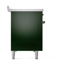 Emerald green solid oven door with bronze handle details and four leveling legs