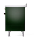Emerald green solid oven door with bronze handles and white leveling feet
