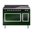 Emerald green range front with two oven doors and illuminated control knobs