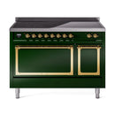 Emerald green induction range with black cooktop and brass-trimmed oven doors