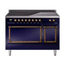 Midnight blue induction range with front cooktop controls and oven openings