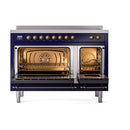 Midnight blue induction range with two open oven doors and bronze knob controls