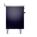 Midnight blue induction range side view with solid oven door and bronze pulls