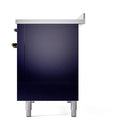 Midnight blue induction range side view with solid oven door and bronze hinges