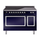 Midnight blue induction range with two oven doors and chrome control knobs