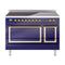 ILVE Nostalgie II Noblesse 48-Inch 5.02 Cu. Ft. Dual Oven Induction Range with 6 Elements and Solid Door in Midnight Blue with Brass Trim (UNI486QNMPMBG)