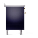 Midnight blue oven door with brass knobs and adjustable leveling feet
