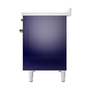 Midnight blue induction range side panel with brass handles and leveling feet