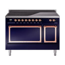 Induction range with open oven doors and copper-framed interiors, front control knobs