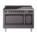 Matte graphite induction range front with control knobs and closed dual oven doors