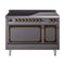 ILVE Nostalgie II Noblesse 48-Inch 5.02 Cu. Ft. Dual Oven Induction Range with 6 Elements and Solid Door in Matte Graphite with Burnished Bronze Trim (UNI486QNMPMGB)