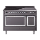 Matte graphite induction range front with control knobs and oven glass viewing windows