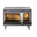 Matte graphite induction range with two open ovens and chrome-trimmed doors