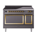 Graphite induction range front with brass knobs, handles, and two closed oven doors