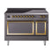 ILVE Nostalgie II Noblesse 48-Inch 5.02 Cu. Ft. Dual Oven Induction Range with 6 Elements and Solid Door in Matte Graphite with Brass Trim (UNI486QNMPMGG)