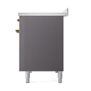 Matte graphite oven door side view with brass trim and four leveling feet