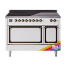 Induction range front view with bronze burner knobs and two solid oven doors