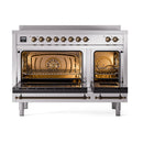 Stainless induction range with dual ovens, bronze-trim controls and side-by-side doors