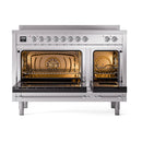 Stainless steel induction range with open oven doors and control knobs