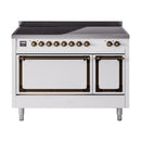 White induction range with two oven doors and bronze-finish control knobs