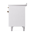 White solid-door oven with bronze knob accents and sturdy feet
