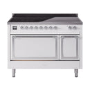 White induction range front view with two closed oven doors and chrome control knobs