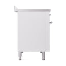 White 48-inch induction range with solid oven door panels and chrome-finished feet