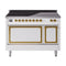 ILVE Nostalgie II Noblesse 48-Inch 5.02 Cu. Ft. Dual Oven Induction Range with 6 Elements and Solid Door in White with Brass Trim (UNI486QNMPWHG)