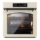 Antique white single wall oven with black control panel and open door, interior rack visible