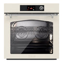 Antique white single wall oven with chrome trim, black control panel, and open door window