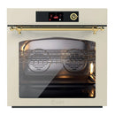 Single wall oven showing interior racks, black control panel and brass handle trim