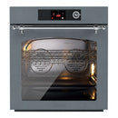 ILVE blue-grey single wall oven with chrome handle, open door and lit interior racks