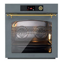 Blue grey single wall oven with brass trim, open door showing racks and interior light