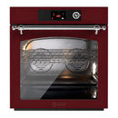 Burgundy ILVE single wall oven front with chrome handle, open door and oven racks