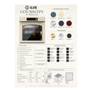 Burgundy single wall oven with brass trim, open door and control panel