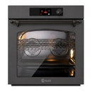 Graphite matte single wall oven with open door, racks inside, and control panel
