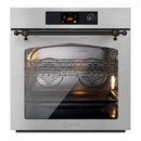 Stainless steel single wall oven with open door, interior racks, and digital controls