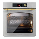 Stainless single wall oven with brass handle, open door, and interior racks