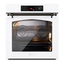 White single wall oven with black control panel and open interior with racks