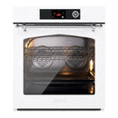 Built-in single wall oven with white exterior, chrome handle, open door and baking racks