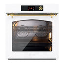 Single wall oven showing interior racks, brass-trim handle, and digital controls