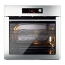 Stainless steel single wall oven with black control panel and viewing window