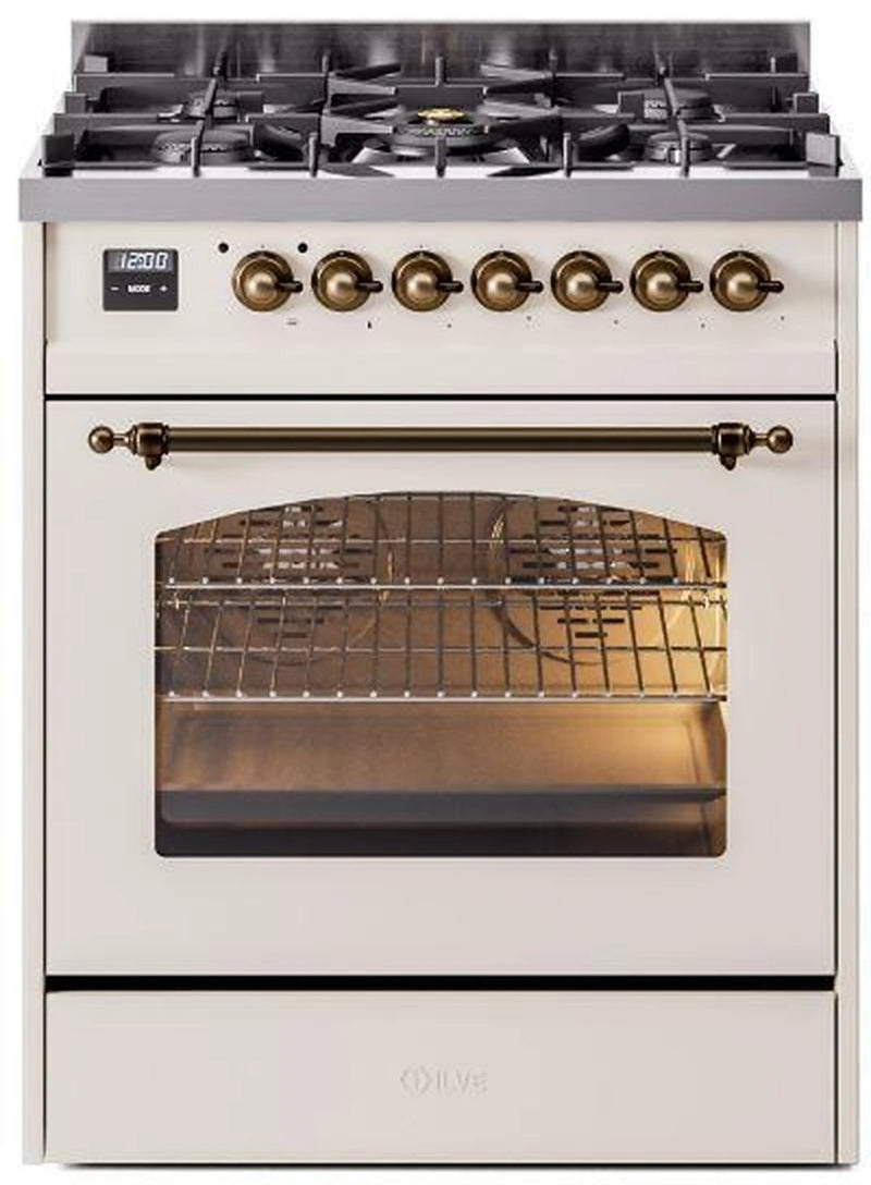 ILVE Nostalgie II 30-Inch Dual Fuel Freestanding Range in Antique White with Bronze Trim (UP30NMPAWB)